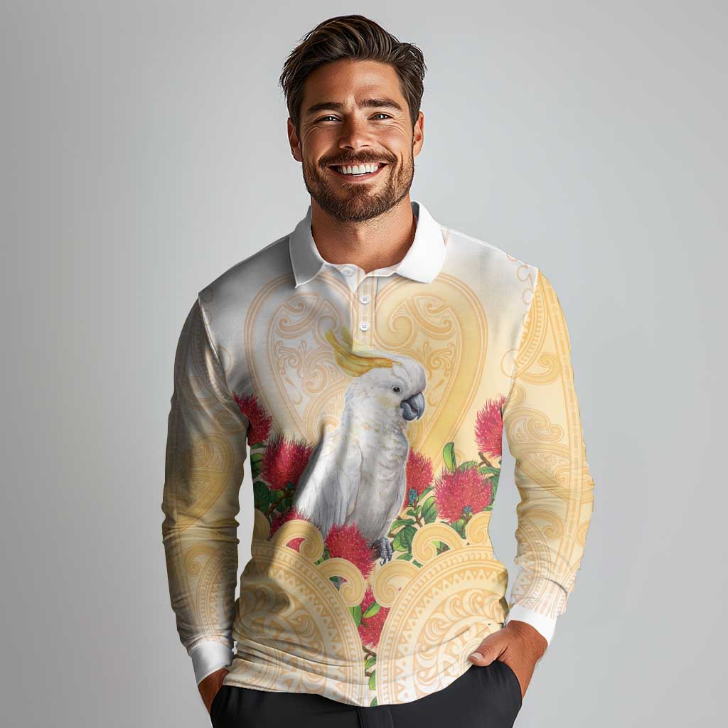 New Zealand Aotearoa Cockatoo Long Sleeve Polo Shirt Maori Pattern With Pohutukawa Flowers LT05 - Polynesian Pride