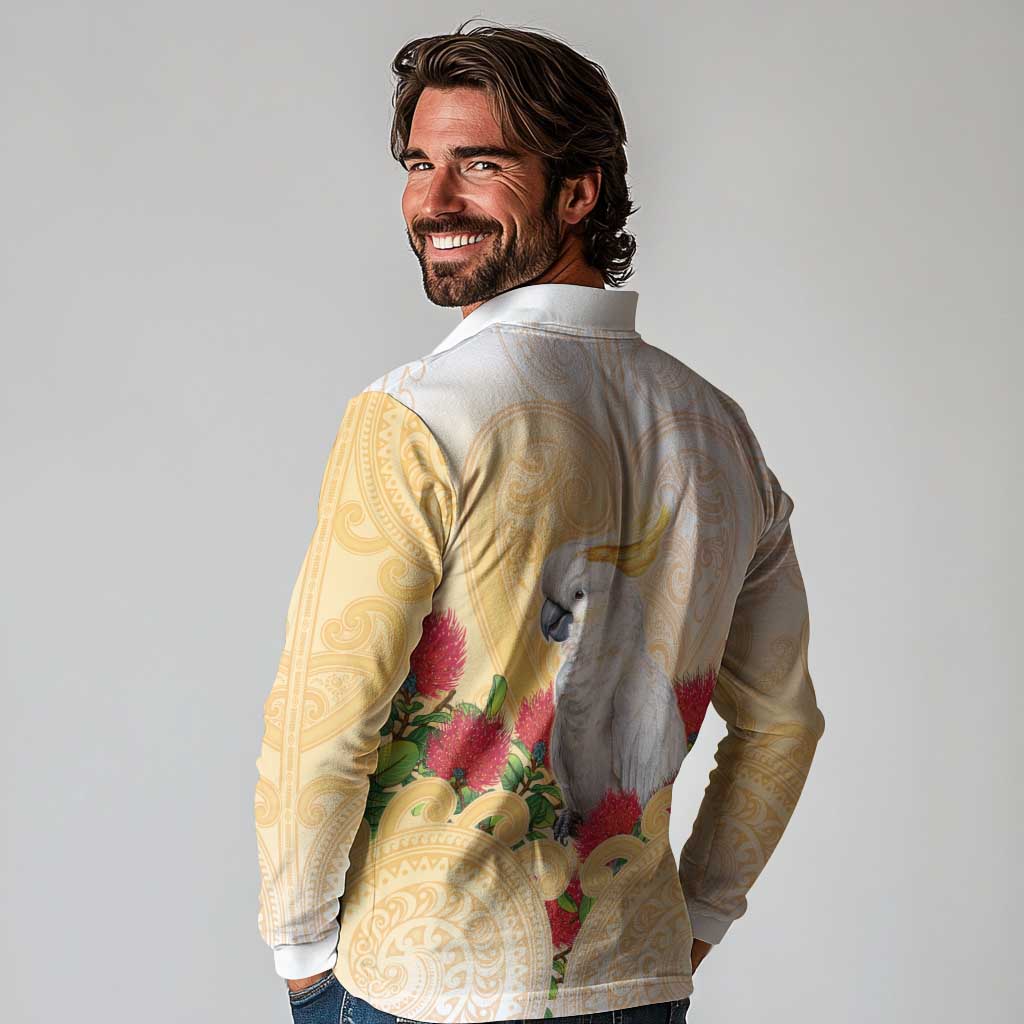 New Zealand Aotearoa Cockatoo Long Sleeve Polo Shirt Maori Pattern With Pohutukawa Flowers LT05 - Polynesian Pride