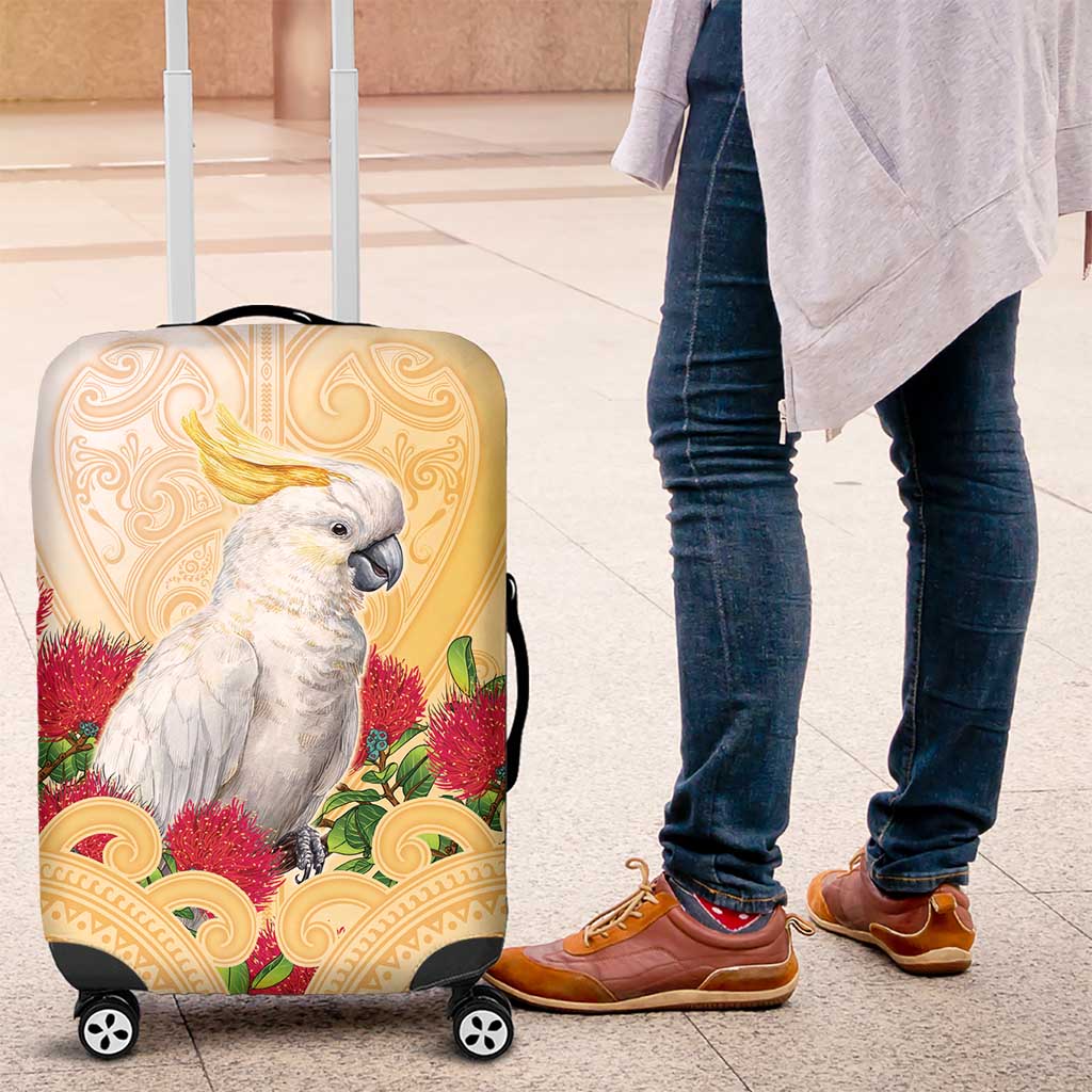 New Zealand Aotearoa Cockatoo Luggage Cover Maori Pattern With Pohutukawa Flowers