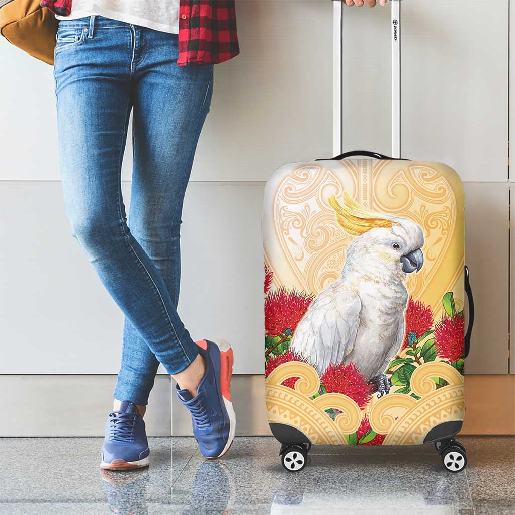 New Zealand Aotearoa Cockatoo Luggage Cover Maori Pattern With Pohutukawa Flowers