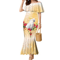 New Zealand Aotearoa Cockatoo Mermaid Dress Maori Pattern With Pohutukawa Flowers LT05 Women Beige - Polynesian Pride