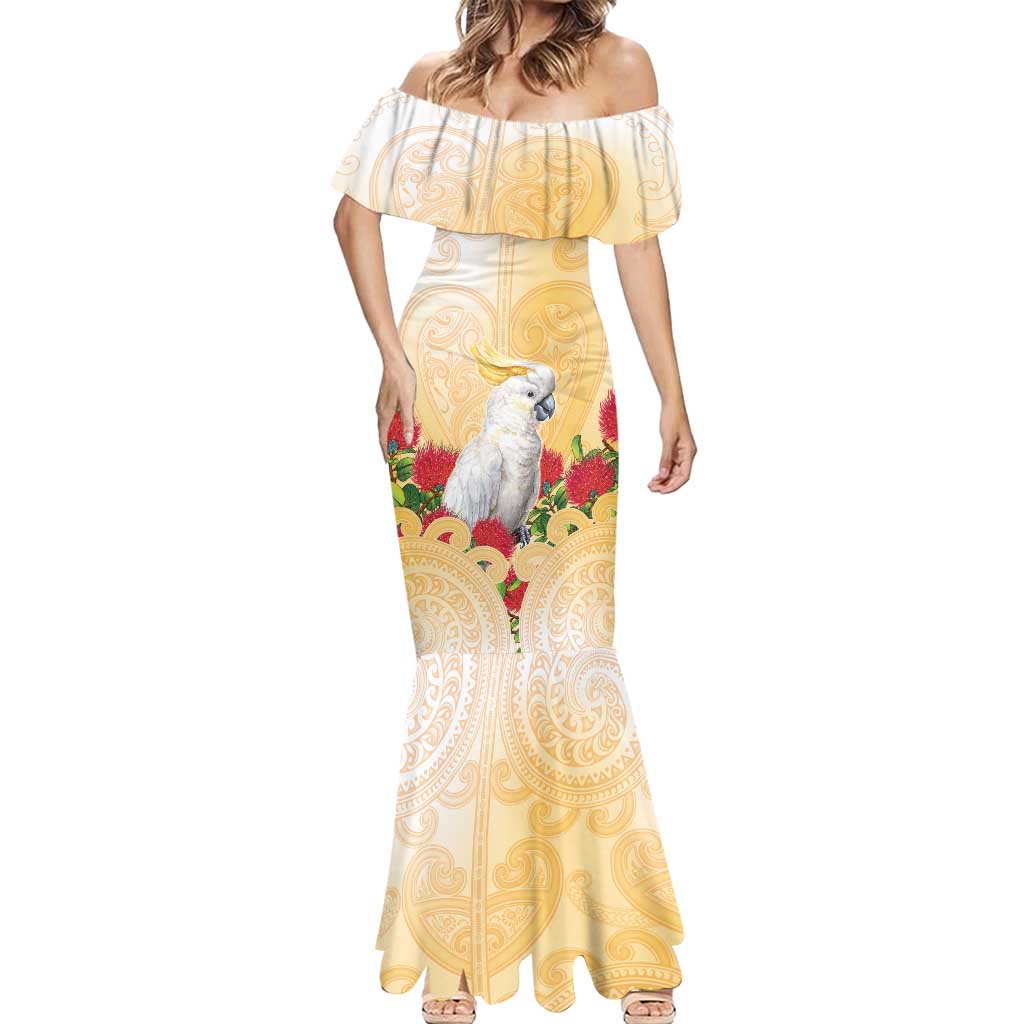 New Zealand Aotearoa Cockatoo Mermaid Dress Maori Pattern With Pohutukawa Flowers LT05 - Polynesian Pride
