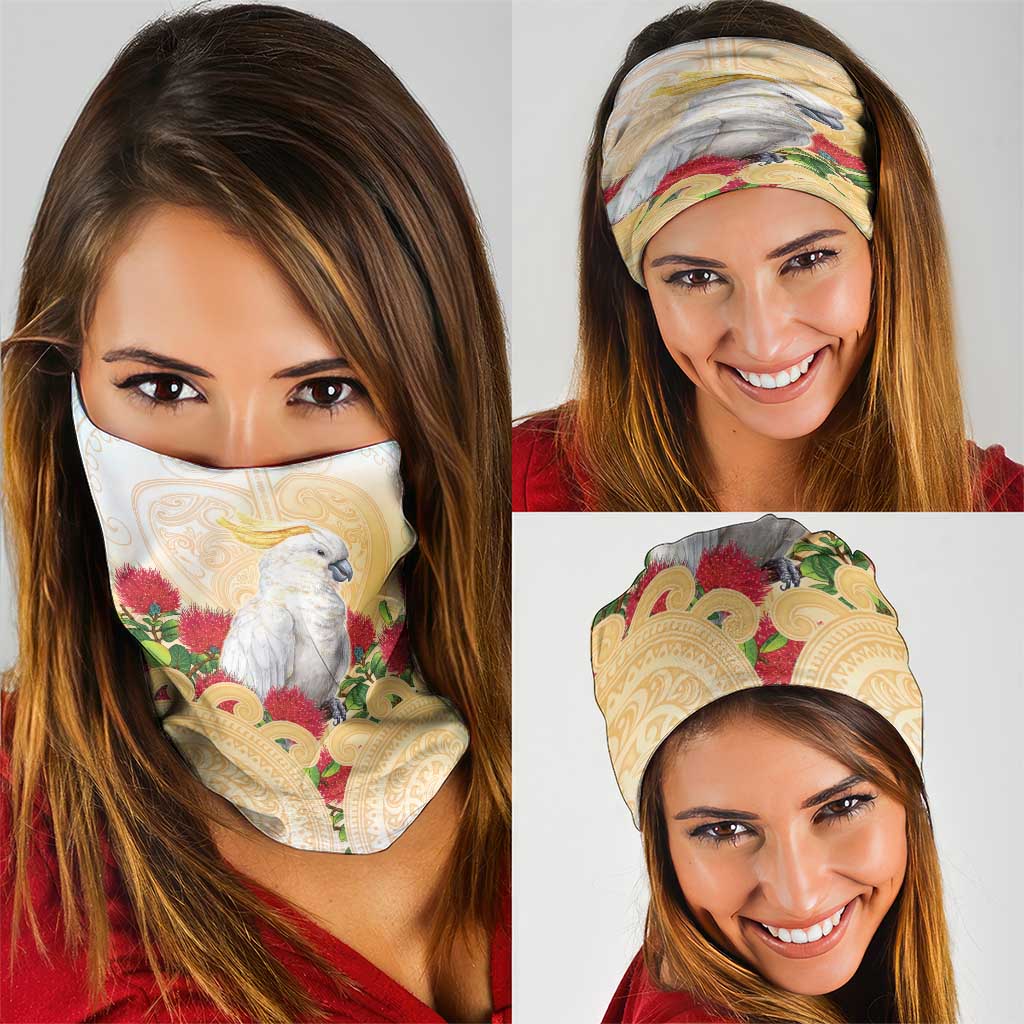 New Zealand Aotearoa Cockatoo Neck Gaiter Maori Pattern With Pohutukawa Flowers