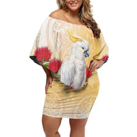New Zealand Aotearoa Cockatoo Off Shoulder Short Dress Maori Pattern With Pohutukawa Flowers LT05 Women Beige - Polynesian Pride