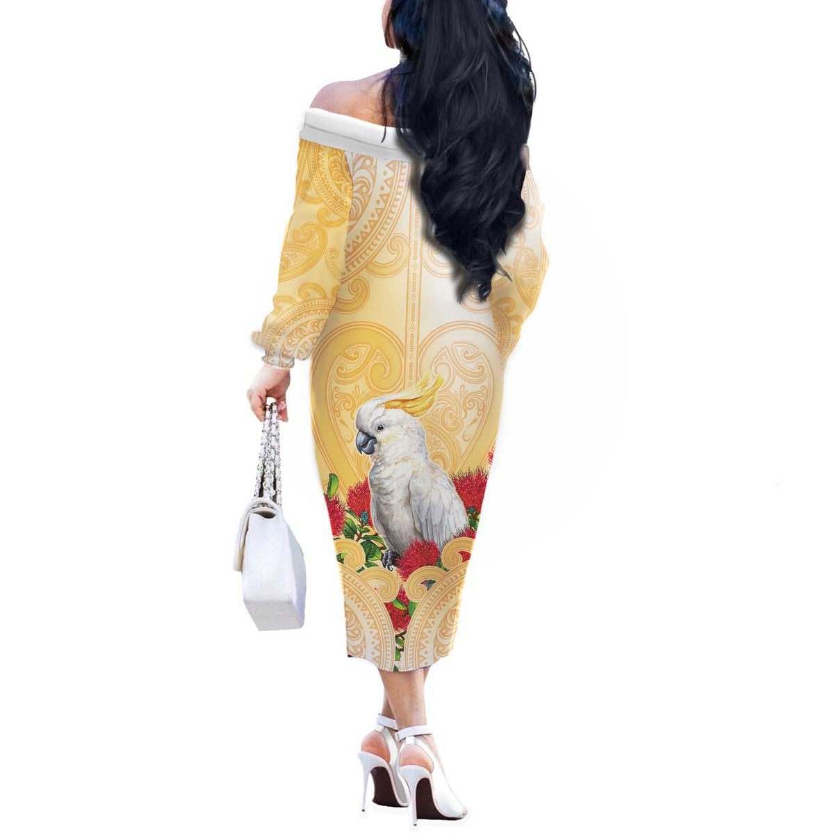 New Zealand Aotearoa Cockatoo Off The Shoulder Long Sleeve Dress Maori Pattern With Pohutukawa Flowers LT05 - Polynesian Pride