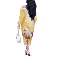New Zealand Aotearoa Cockatoo Off The Shoulder Long Sleeve Dress Maori Pattern With Pohutukawa Flowers LT05 - Polynesian Pride