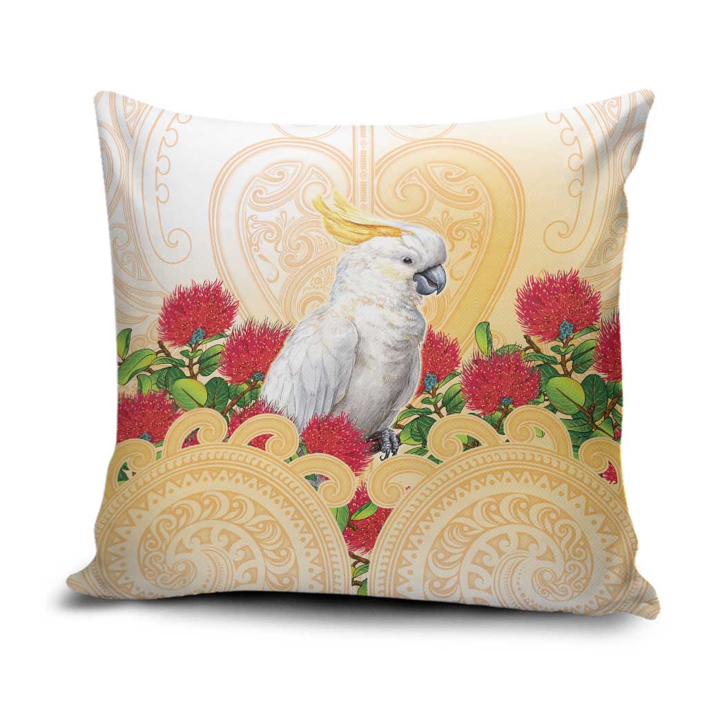 New Zealand Aotearoa Cockatoo Pillow Cover Maori Pattern With Pohutukawa Flowers