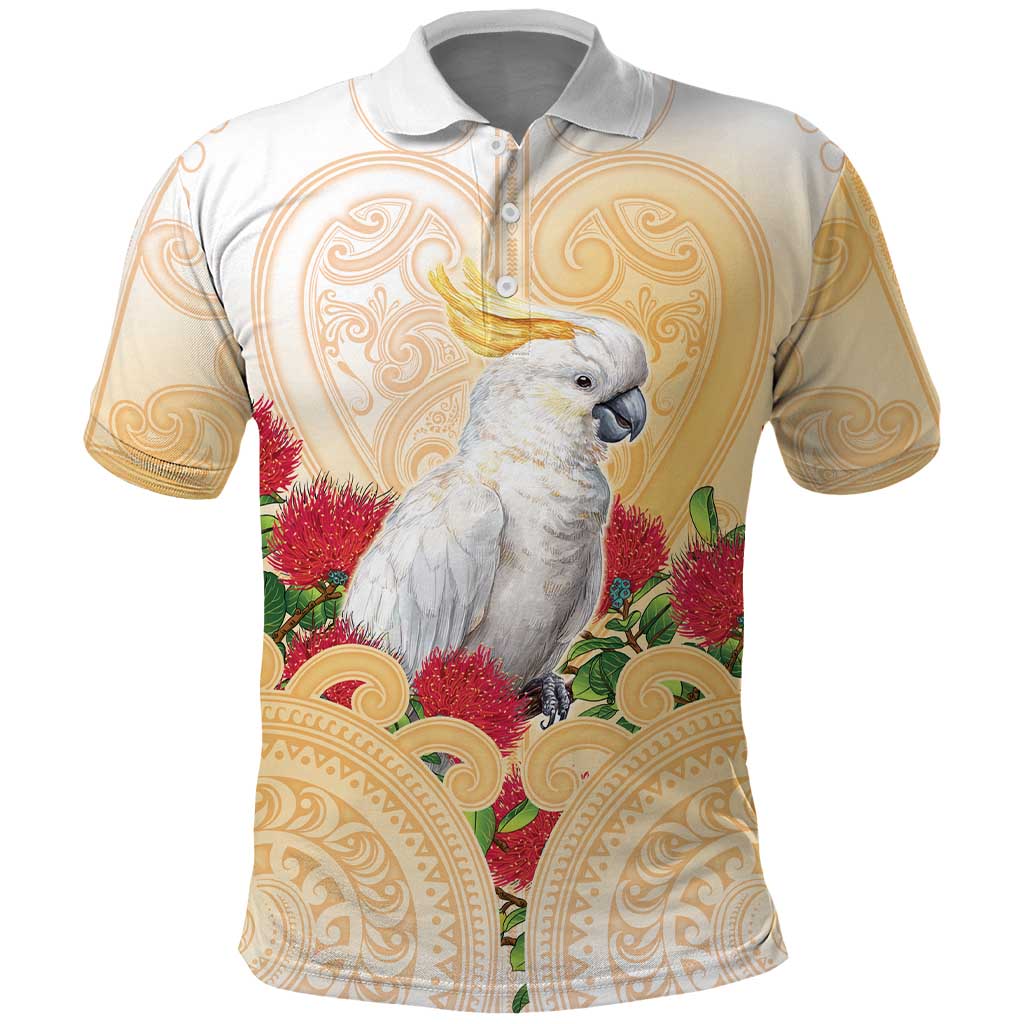 New Zealand Aotearoa Cockatoo Polo Shirt Maori Pattern With Pohutukawa Flowers LT05 Beige - Polynesian Pride