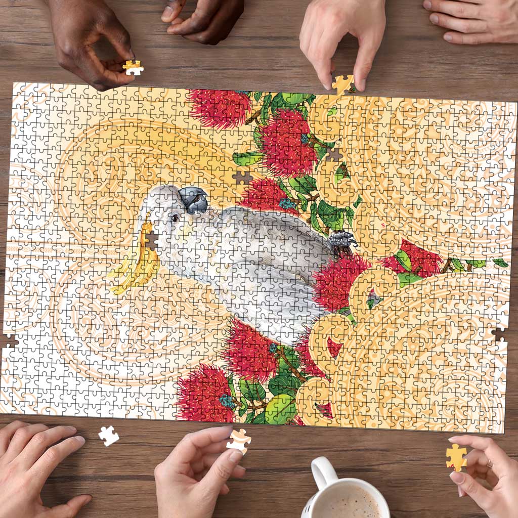 New Zealand Aotearoa Cockatoo Puzzle Maori Pattern With Pohutukawa Flowers