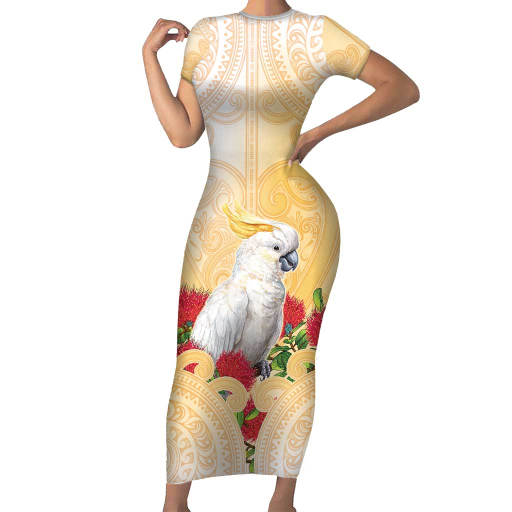 New Zealand Aotearoa Cockatoo Short Sleeve Bodycon Dress Maori Pattern With Pohutukawa Flowers LT05 Long Dress Beige - Polynesian Pride