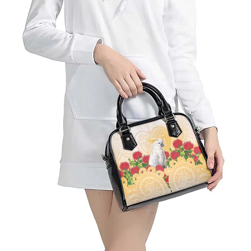 New Zealand Aotearoa Cockatoo Shoulder Handbag Maori Pattern With Pohutukawa Flowers