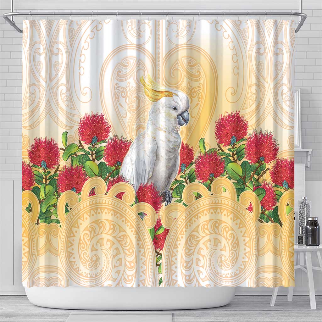 New Zealand Aotearoa Cockatoo Shower Curtain Maori Pattern With Pohutukawa Flowers LT05 - Polynesian Pride