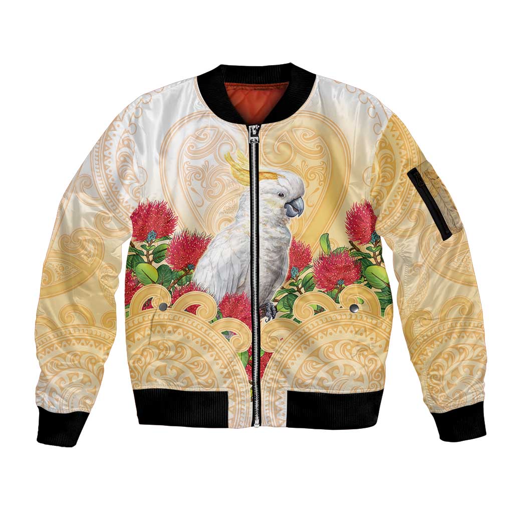 New Zealand Aotearoa Cockatoo Sleeve Zip Bomber Jacket Maori Pattern With Pohutukawa Flowers