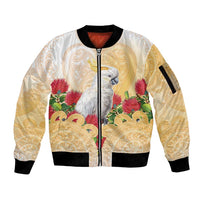 New Zealand Aotearoa Cockatoo Sleeve Zip Bomber Jacket Maori Pattern With Pohutukawa Flowers