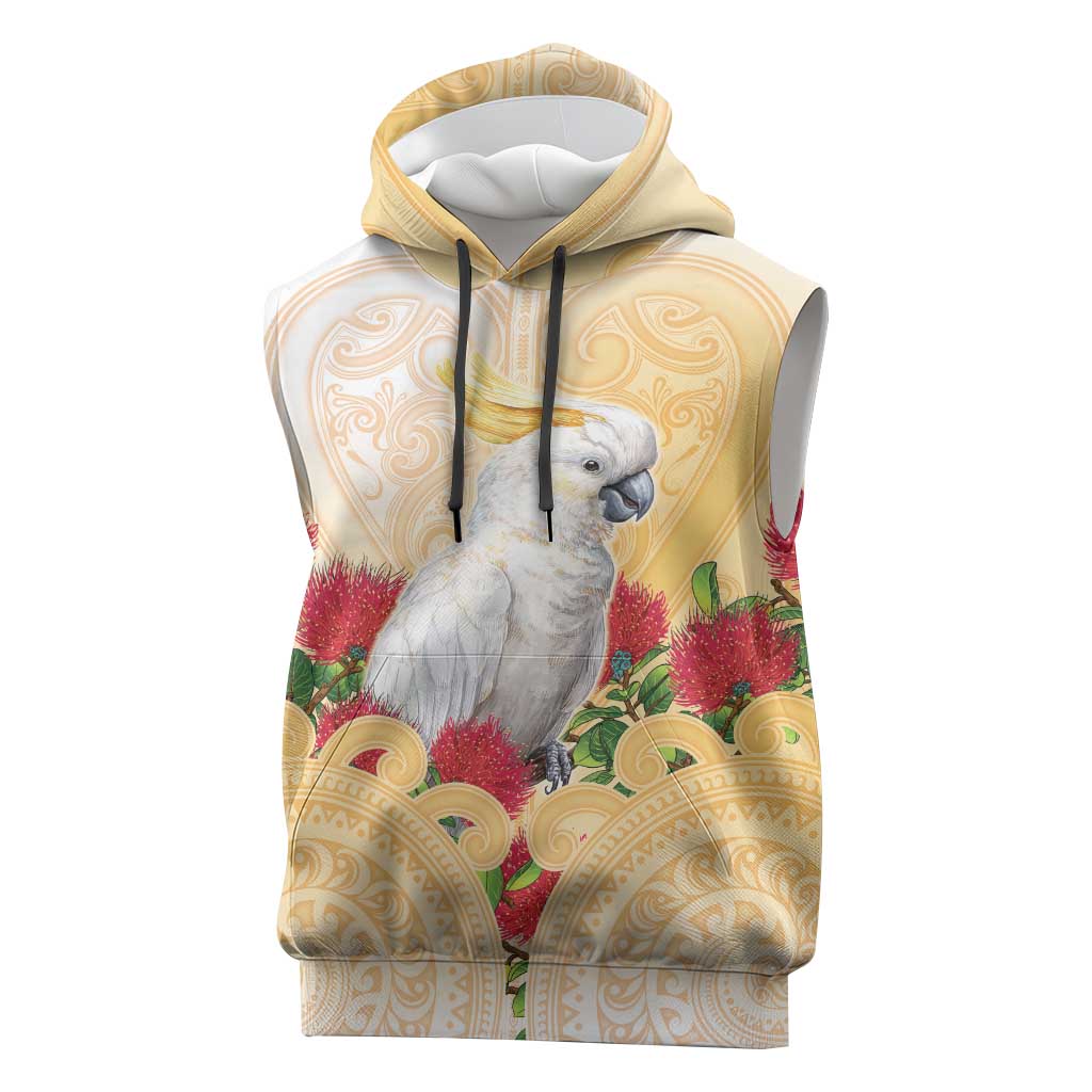 New Zealand Aotearoa Cockatoo Sleeveless Hoodie Maori Pattern With Pohutukawa Flowers LT05 Beige - Polynesian Pride