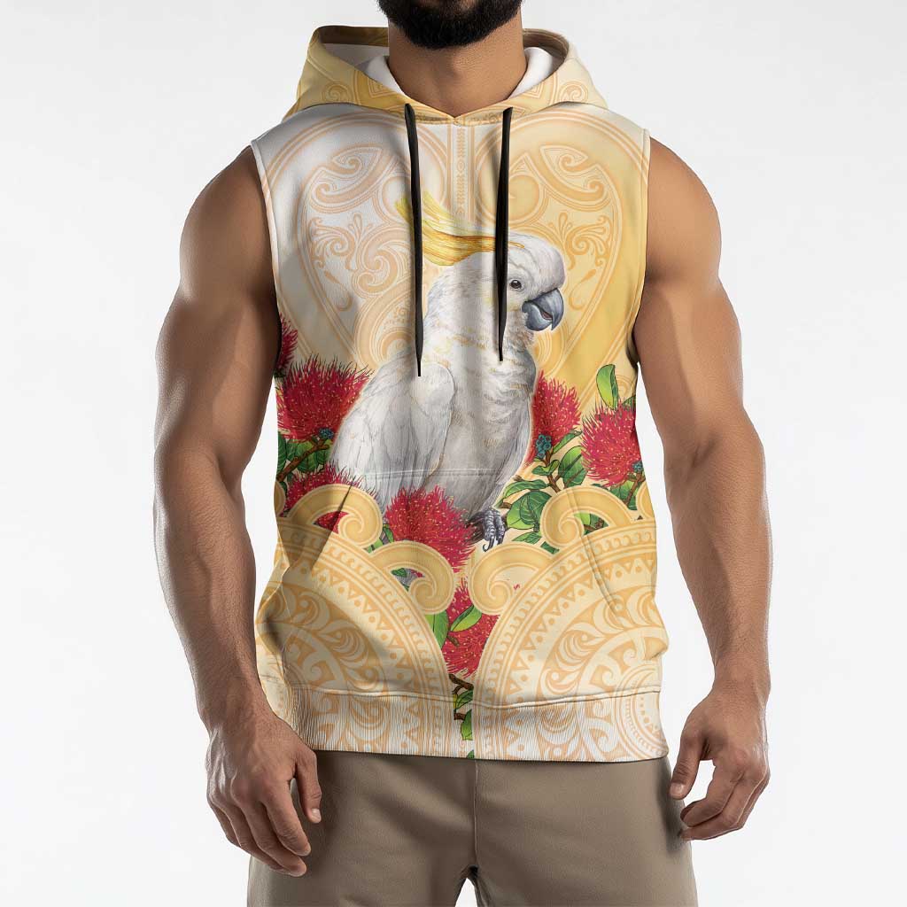 New Zealand Aotearoa Cockatoo Sleeveless Hoodie Maori Pattern With Pohutukawa Flowers LT05 - Polynesian Pride