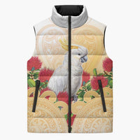 New Zealand Aotearoa Cockatoo Sleeveless Puffer Jacket Maori Pattern With Pohutukawa Flowers LT05 Unisex Beige - Polynesian Pride