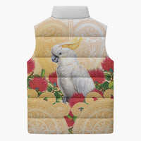 New Zealand Aotearoa Cockatoo Sleeveless Puffer Jacket Maori Pattern With Pohutukawa Flowers LT05 - Polynesian Pride