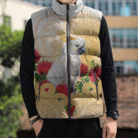 New Zealand Aotearoa Cockatoo Sleeveless Puffer Jacket Maori Pattern With Pohutukawa Flowers LT05 - Polynesian Pride