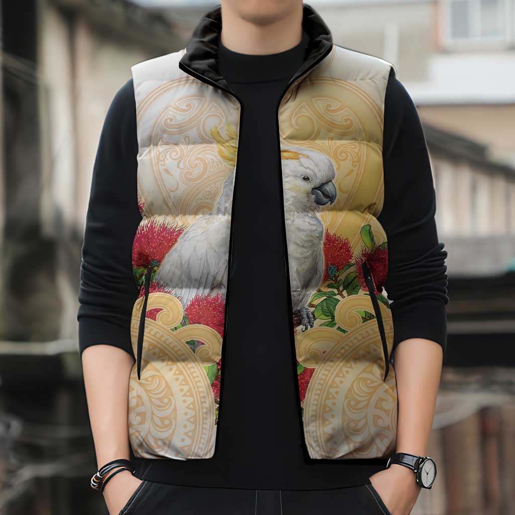 New Zealand Aotearoa Cockatoo Sleeveless Puffer Jacket Maori Pattern With Pohutukawa Flowers LT05 - Polynesian Pride