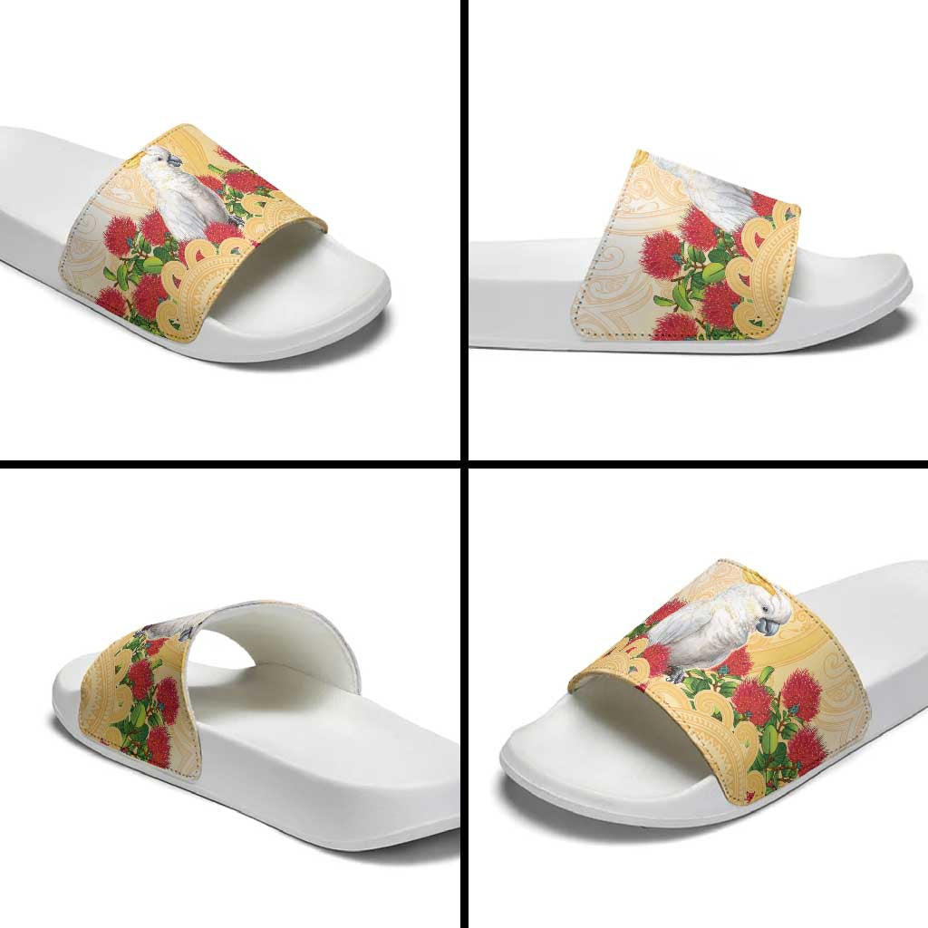 New Zealand Aotearoa Cockatoo Slide Sandals Maori Pattern With Pohutukawa Flowers