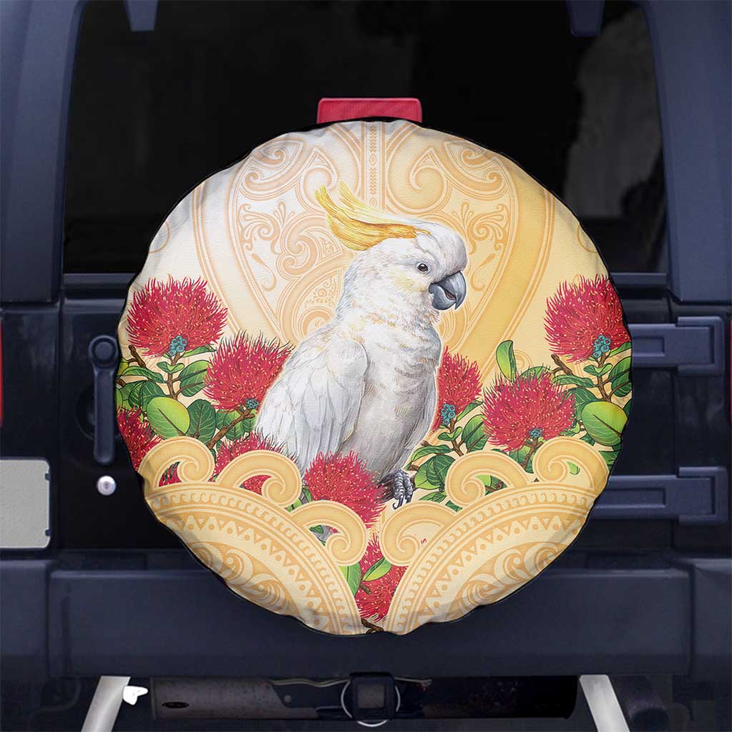 New Zealand Aotearoa Cockatoo Spare Tire Cover Maori Pattern With Pohutukawa Flowers