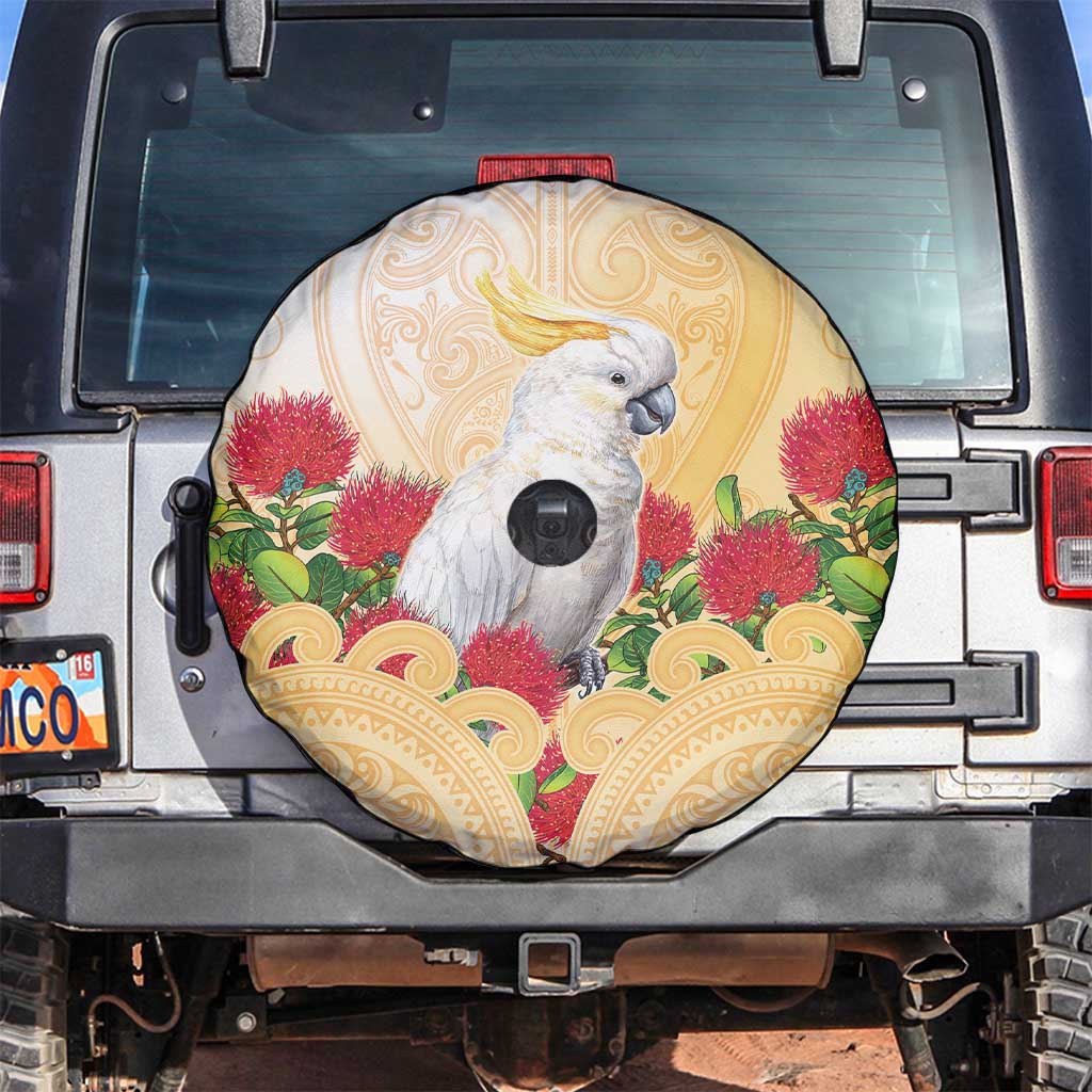 New Zealand Aotearoa Cockatoo Spare Tire Cover Maori Pattern With Pohutukawa Flowers