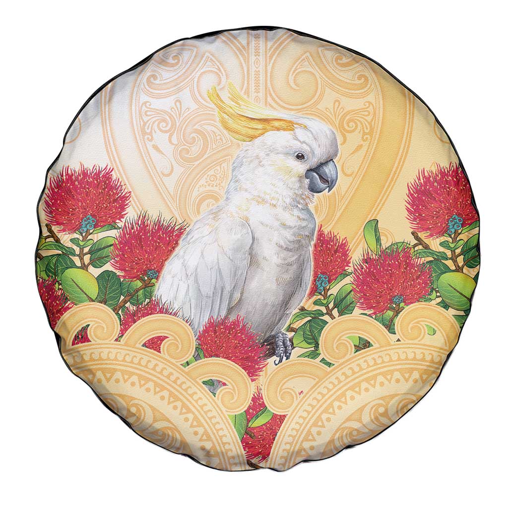 New Zealand Aotearoa Cockatoo Spare Tire Cover Maori Pattern With Pohutukawa Flowers