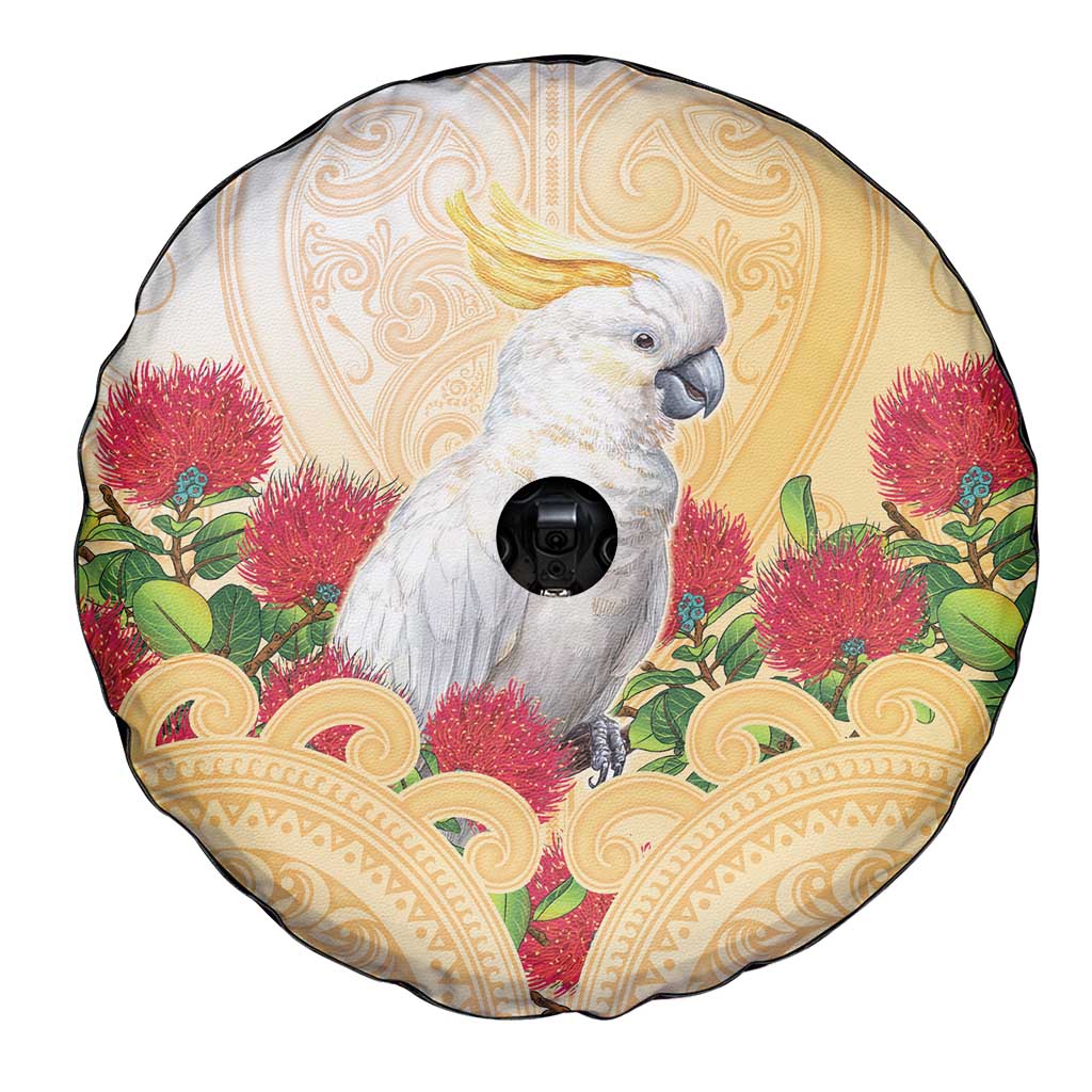 New Zealand Aotearoa Cockatoo Spare Tire Cover Maori Pattern With Pohutukawa Flowers