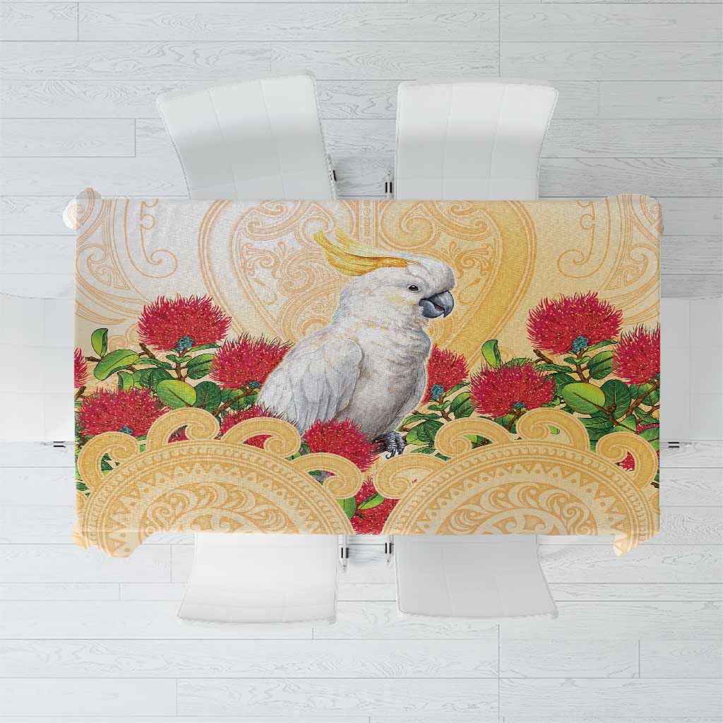 New Zealand Aotearoa Cockatoo Tablecloth Maori Pattern With Pohutukawa Flowers LT05 Beige - Polynesian Pride