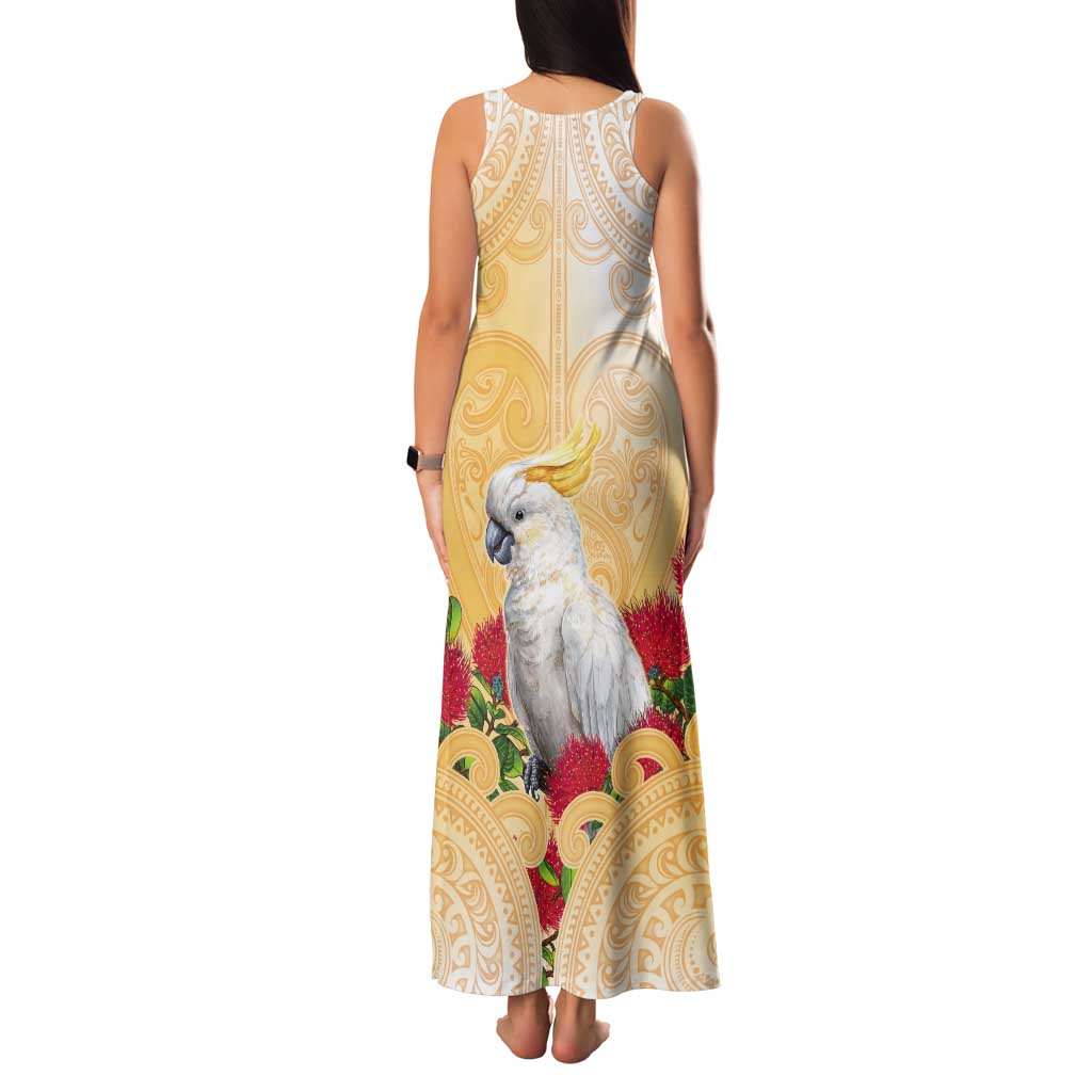 New Zealand Aotearoa Cockatoo Tank Maxi Dress Maori Pattern With Pohutukawa Flowers LT05 - Polynesian Pride