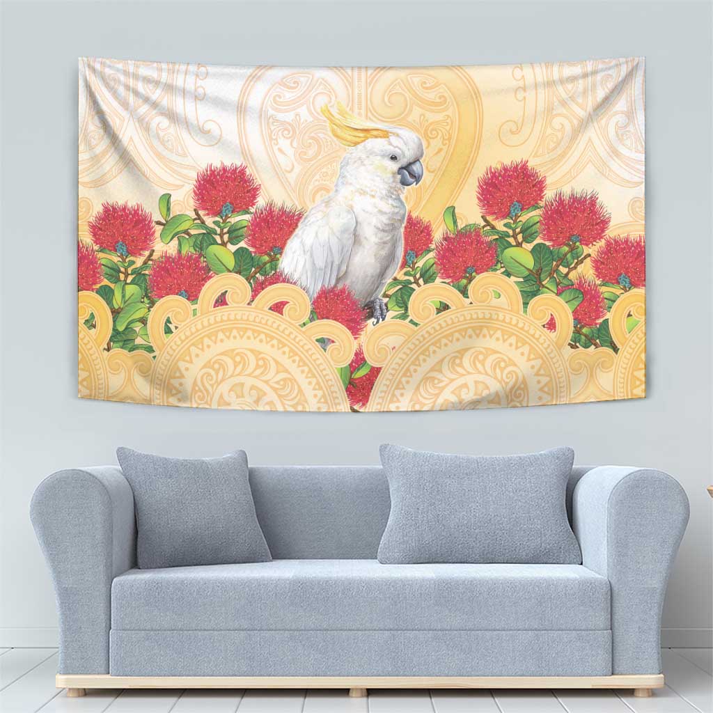 New Zealand Aotearoa Cockatoo Tapestry Maori Pattern With Pohutukawa Flowers