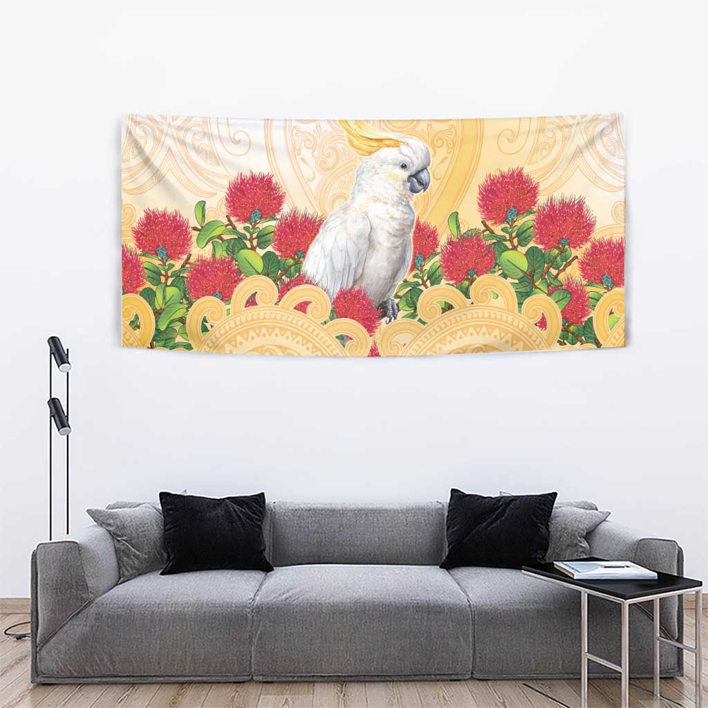 New Zealand Aotearoa Cockatoo Tapestry Maori Pattern With Pohutukawa Flowers