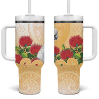 New Zealand Aotearoa Cockatoo Tumbler With Handle Maori Pattern With Pohutukawa Flowers LT05 One Size: 40 oz Beige - Polynesian Pride
