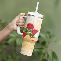 New Zealand Aotearoa Cockatoo Tumbler With Handle Maori Pattern With Pohutukawa Flowers LT05 - Polynesian Pride