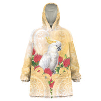New Zealand Aotearoa Cockatoo Wearable Blanket Hoodie Maori Pattern With Pohutukawa Flowers LT05 One Size Beige - Polynesian Pride