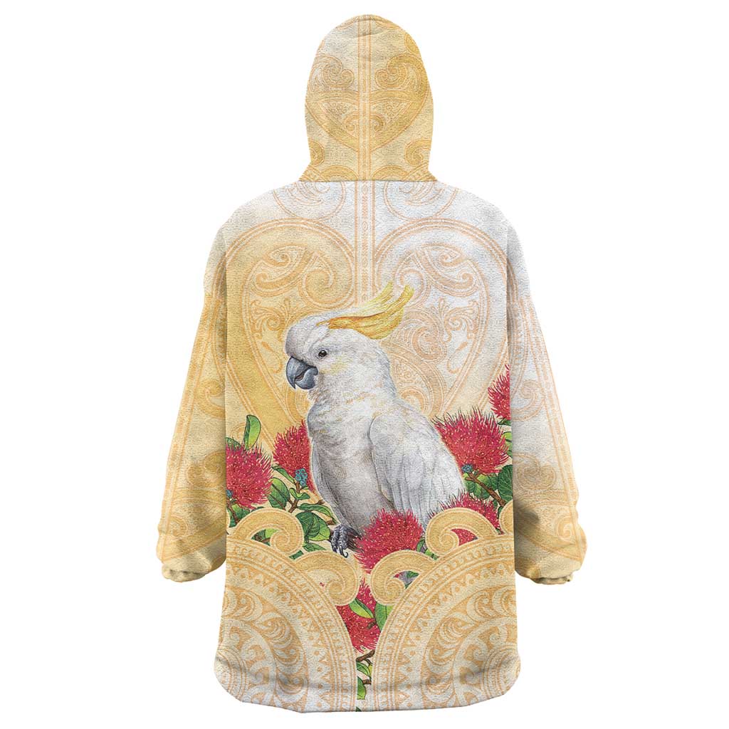 New Zealand Aotearoa Cockatoo Wearable Blanket Hoodie Maori Pattern With Pohutukawa Flowers LT05 - Polynesian Pride