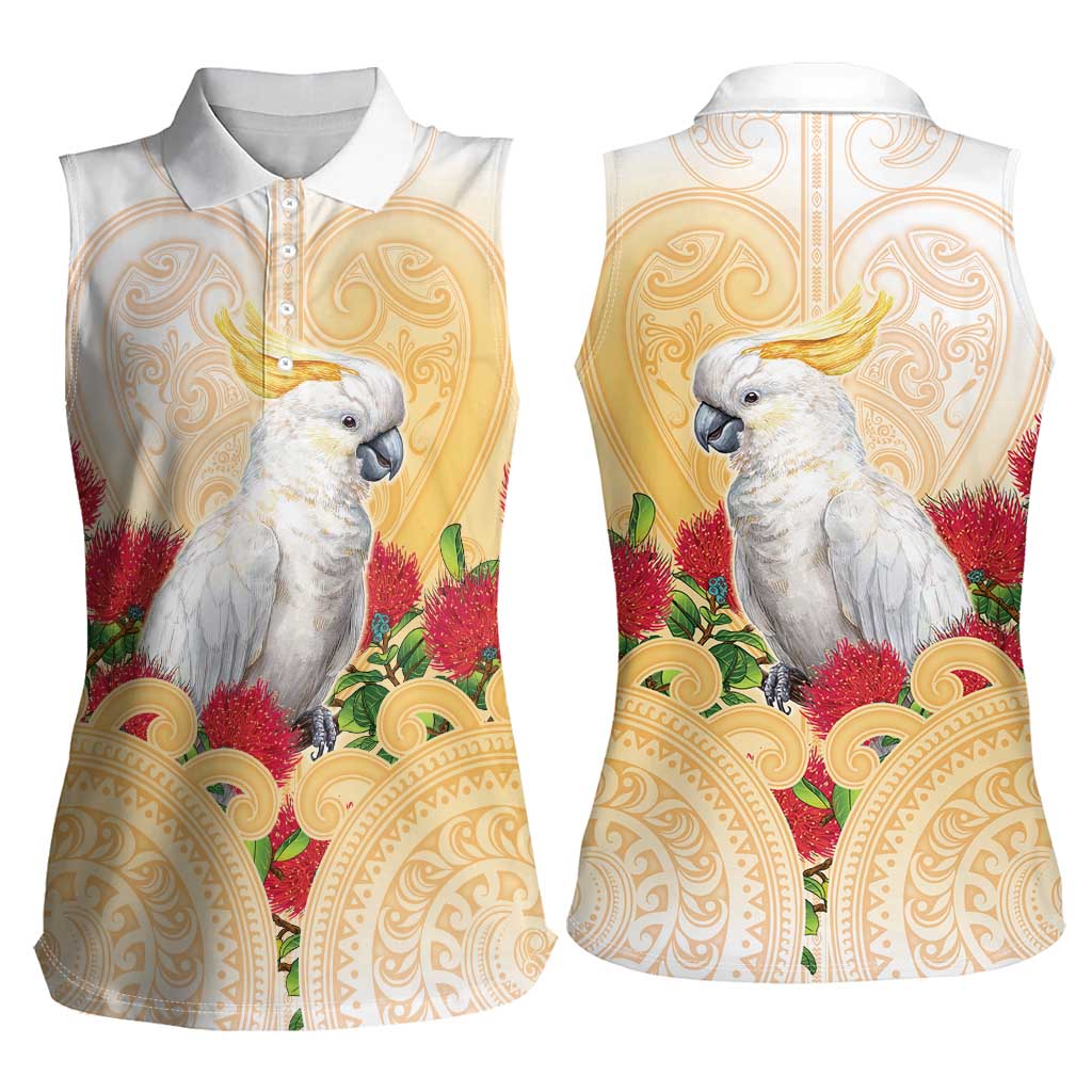 New Zealand Aotearoa Cockatoo Women Sleeveless Polo Shirt Maori Pattern With Pohutukawa Flowers LT05 - Polynesian Pride