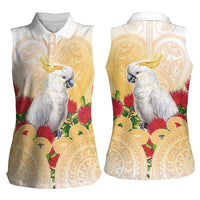 New Zealand Aotearoa Cockatoo Women Sleeveless Polo Shirt Maori Pattern With Pohutukawa Flowers LT05 - Polynesian Pride