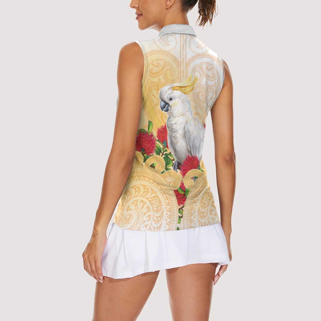 New Zealand Aotearoa Cockatoo Women Sleeveless Polo Shirt Maori Pattern With Pohutukawa Flowers LT05 - Polynesian Pride