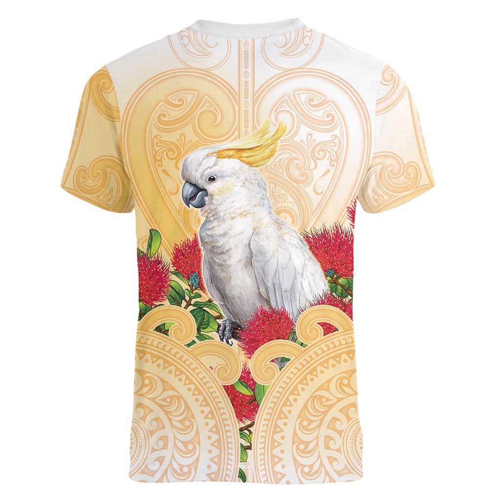 New Zealand Aotearoa Cockatoo Women V-Neck T-Shirt Maori Pattern With Pohutukawa Flowers LT05 - Polynesian Pride