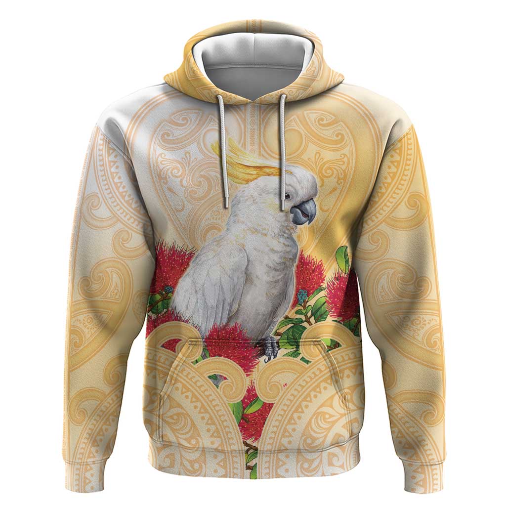 New Zealand Aotearoa Cockatoo Zip Hoodie Maori Pattern With Pohutukawa Flowers LT05 Pullover Hoodie Beige - Polynesian Pride