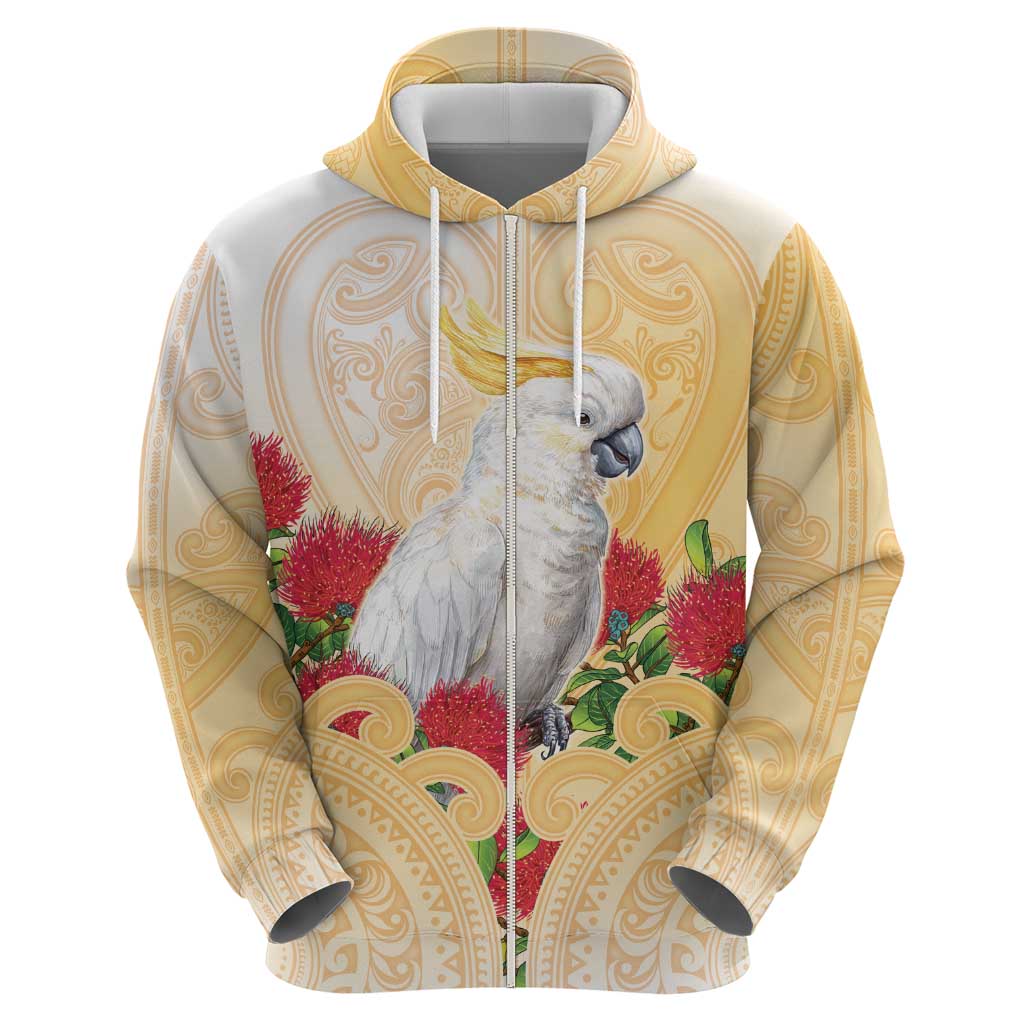 New Zealand Aotearoa Cockatoo Zip Hoodie Maori Pattern With Pohutukawa Flowers LT05 - Polynesian Pride