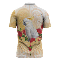 New Zealand Aotearoa Cockatoo Zipper Polo Shirt Maori Pattern With Pohutukawa Flowers LT05 - Polynesian Pride