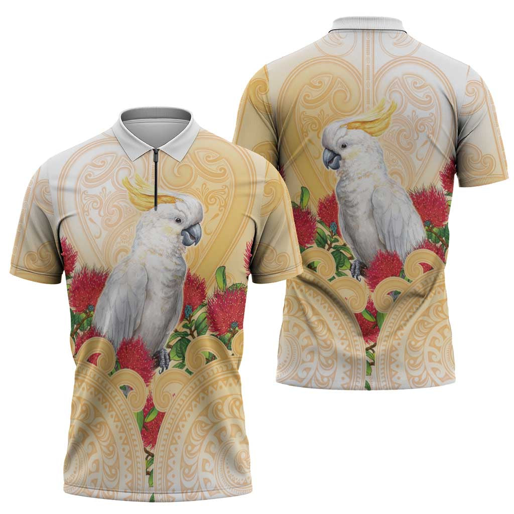 New Zealand Aotearoa Cockatoo Zipper Polo Shirt Maori Pattern With Pohutukawa Flowers LT05 - Polynesian Pride