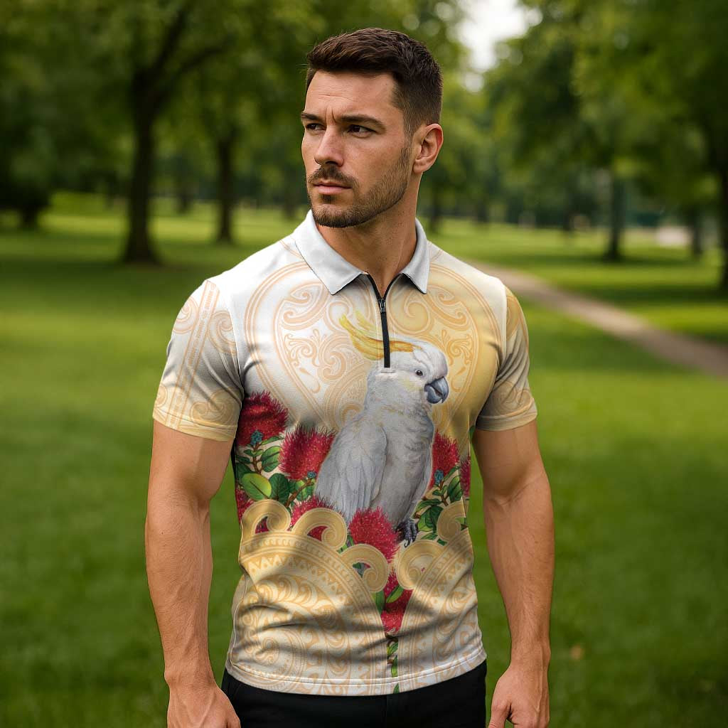 New Zealand Aotearoa Cockatoo Zipper Polo Shirt Maori Pattern With Pohutukawa Flowers LT05 - Polynesian Pride