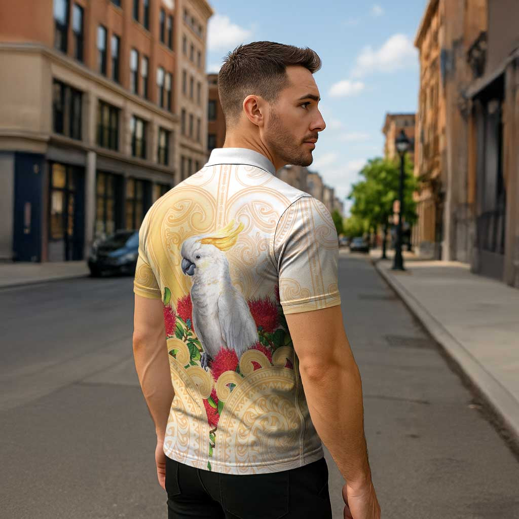 New Zealand Aotearoa Cockatoo Zipper Polo Shirt Maori Pattern With Pohutukawa Flowers LT05 - Polynesian Pride