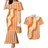 Orange Hawaii Palaka Couples Matching Mermaid Dress and Hawaiian Shirt Hawaiian Ilima Lei LT05 Orange - Polynesian Pride