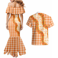 Orange Hawaii Palaka Couples Matching Mermaid Dress and Hawaiian Shirt Hawaiian Ilima Lei LT05 - Polynesian Pride