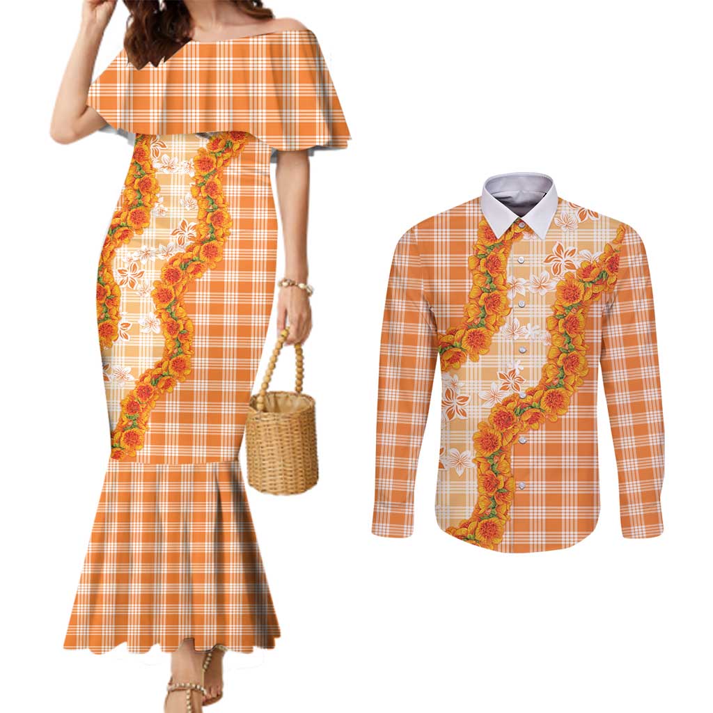Orange Hawaii Palaka Couples Matching Mermaid Dress and Long Sleeve Button Shirt Hawaiian Ilima Lei